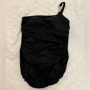 Lands End one shoulder swim suit. Black with Gold Ring accent. Sze 14. NWOT
